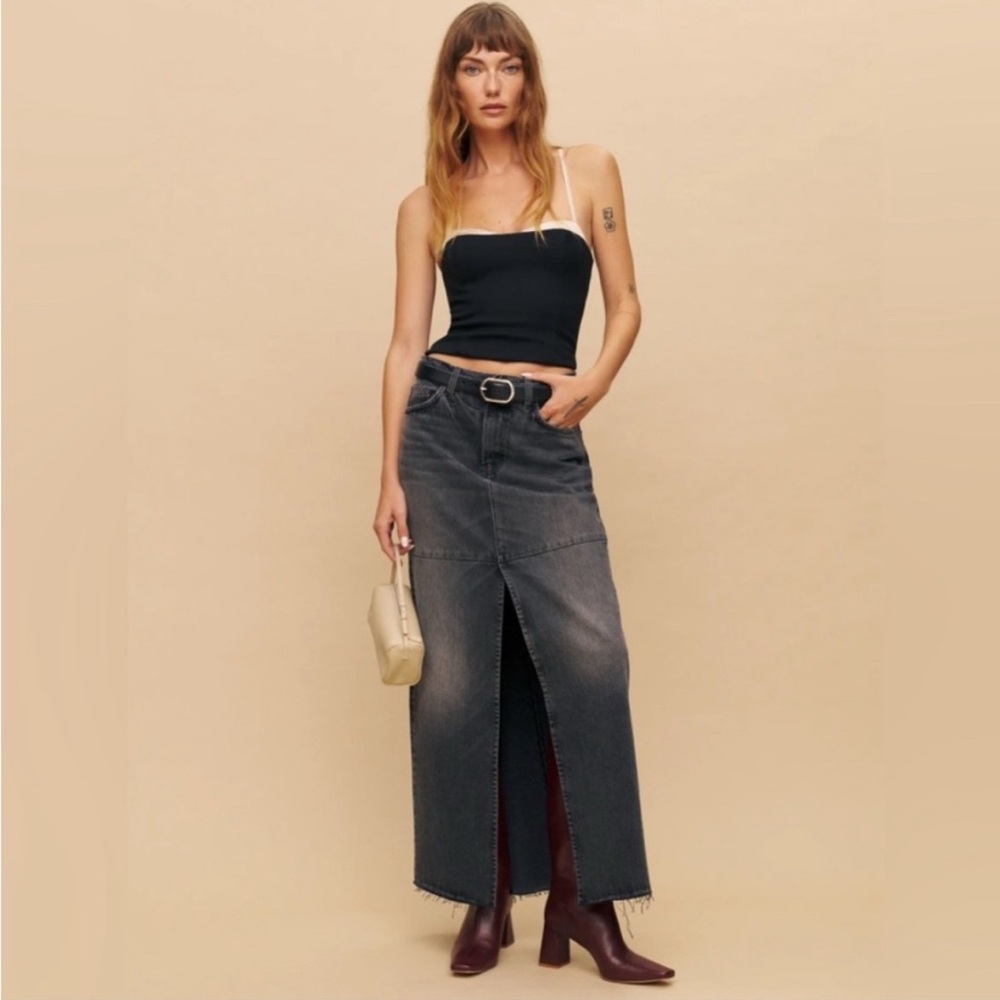 Reformation Tazz Denim Organic Cotton Blend Maxi Skirt Liman Black Size 24